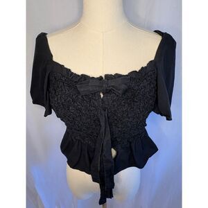 Mare Mare X Anthropologie Black Smocked Puff Sleeve Crop‎ Bow Gothic Romantic